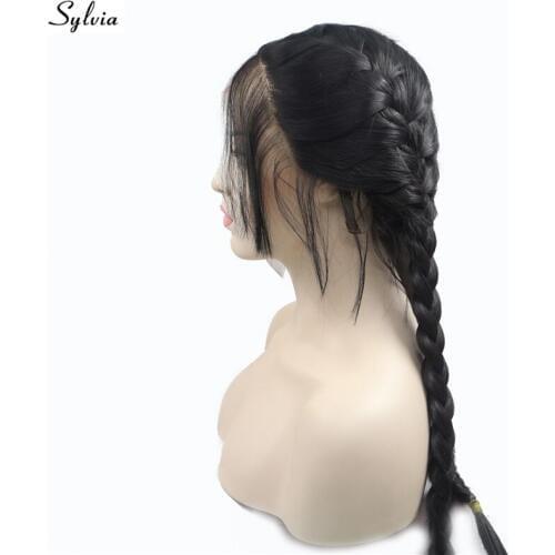 Sylvia Natural 2x Twist Braids Wig 1B# Black Color Heat Resistant Double Braided Wigs With Baby Hair Synthetic Lace Front Wigs