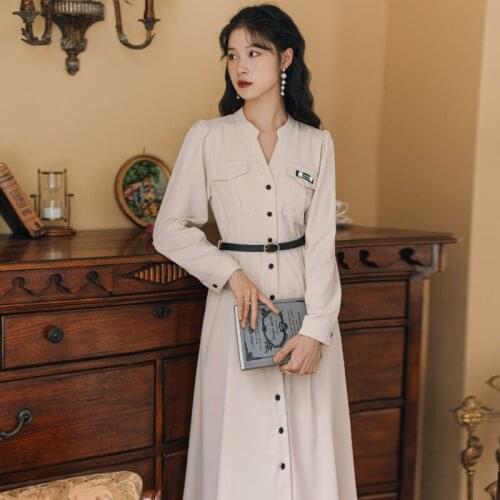 Vestidos de mujer Casual Dress Womens Niche French Design Sense V-neck Simple Korean Loose Fashion Dress Apricot Fall Femininas