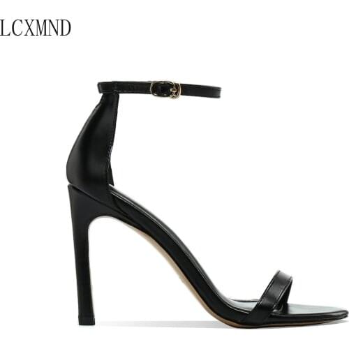 High Quality Sandals Women 2021 New Strappy Black High Heel Sandals Sexy Stitch Heels Noble and Elegant Large Size 9