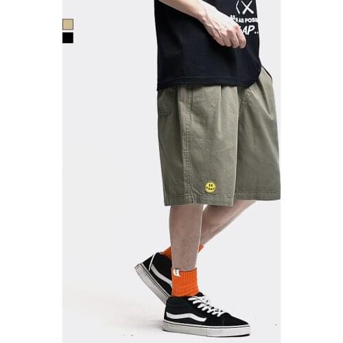 Smiley Cargo Shorts Men Summer Streetwear Casual Elasticated-waist Straight Canvas Short-pants