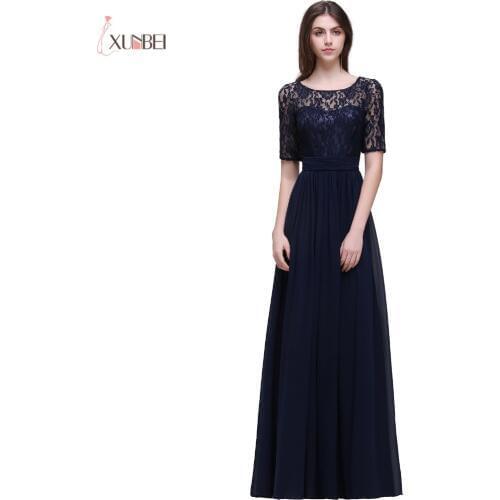 Dark Navy Elegant Lace Long Evening Dresses 2018 Short Sleeves Chiffon Scoop Formal Party Prom Dresses Vestido de Festa
