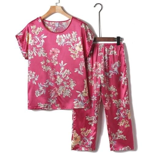 Summer Woman Top Silk Satin Lounge Flower Print Home Shirts Comfortable Mom Loose Out Wear Pijama Big Size For Ladies Two Pieces