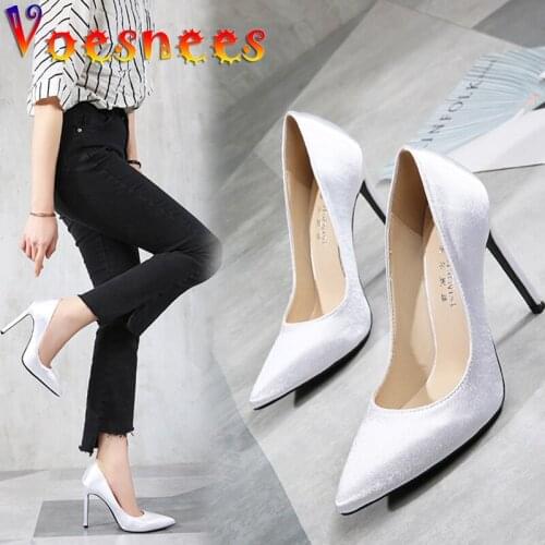 Nightclub Fashion Silk Womens Pumps New Shallow Wedding Bride Thin High Heels Summer Solid Color Pointed Women Shoes Size 46