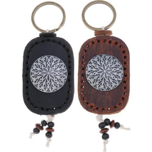 Vintage Fashion Metal Pendant Keychain Cuff Genuine Leather Keyring Unisex Viking Flower Car Keys Bag Accessories Retro Jewelry