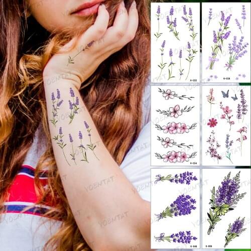 Temporary Tattoo For Girl Purple Lavender Flowers Waterproof Tatto Sticker Wrist Arm Flash Tatoo Fake Tatto For Body Art Women