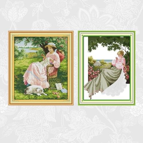Woman Under The Tree Pattern Cross Stitch Kits 11CT Printed Fabric 14CT White Canvas DMC Cross-stitch Embroidery Thread Sets