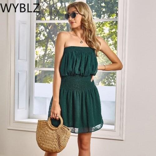 WYBLZ Sexy Backless Ruched Wrap Dress 2021 Summer Woman Sleeveless Strapless Mini Dresses Beach Party Vestidos Sweet Casual Robe
