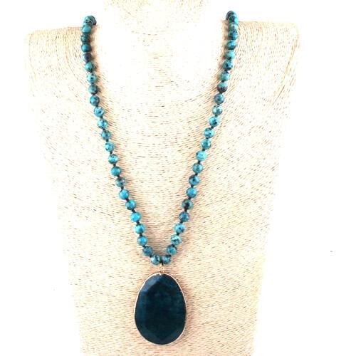 Fashion Bohemian Tribal Jewelry Long Knotted Stone Pendant Necklaces Women Ethnic Necklace