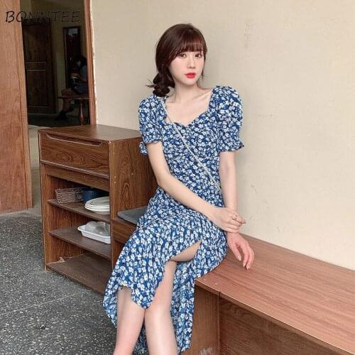 Dress Women Mid-calf Brisk Square Collar Shirring Leisure Blue Summer French Temperament Side Split Short Puff Sleeves Holiday