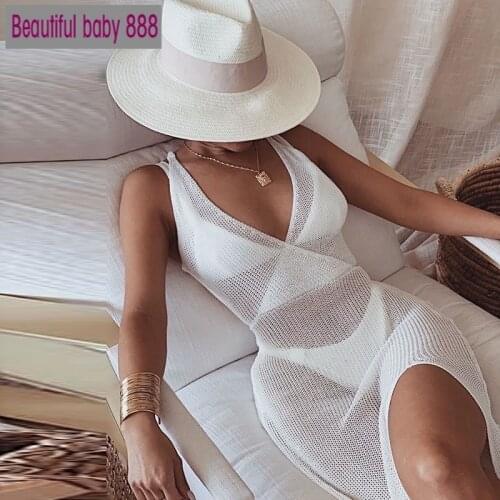Meqeiss New Crochet Beach Maxi Dress for Women See Through Sexy Plunge Backless Bandage Sleeveless Lacing Split Long Dresses