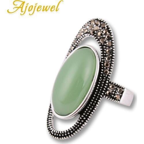 Ajojewel Vintage Jewelry Opal Green Cocktail Ring Black Rhinestone Rings For Women Mix Wholesale