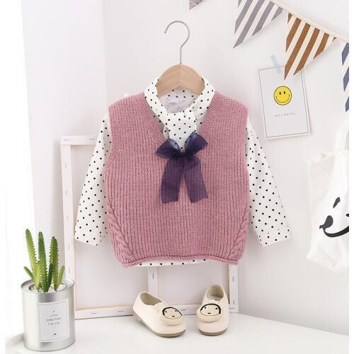 Childrens Clothing Baby Girl Vests Coat Kids Girls V-neck Bow Tie Knitted Vests Toddler Girl Cute Sleeveless Waistcoats Tops