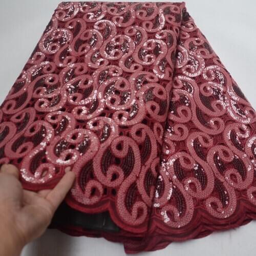 5yards/pc) High quality wine color African hand cut double organza lace fabric with fully sequins embroidery for party POL128