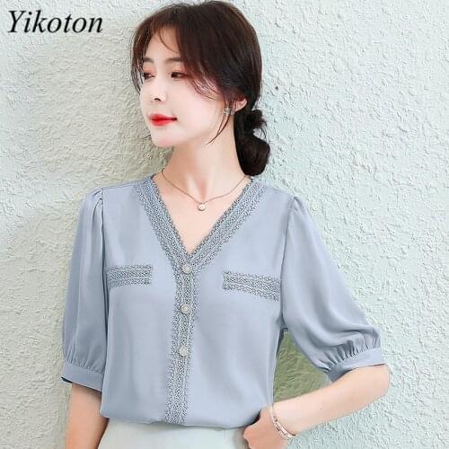 Ladies Shirt Blouse Womans Shirts Casual V-Neck Buttons Chiffon Lace Women Dress Shirt Work Office Loose Plus Size Femmes Tops