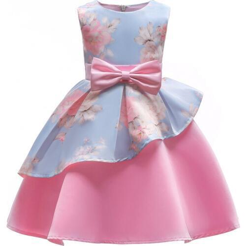 Kids Girls Party Dress 2020 New Ball Gwon Dresses Floral Printed Pink Sleeveless Birthday Wedding Bow Dress 3-10Y GD117