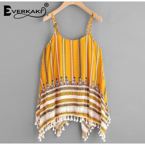 Everkaki Bohemian Print Tassel Camis Tops Women Summer Beach Plus Size Yellow Ladies Oversize Ethnic Boho Top Camis Female 2021