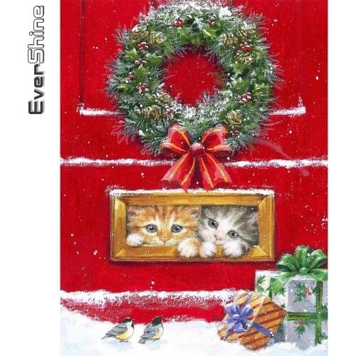 Evershine Diamond Painting Christmas Animals 5D DIY Diamond Embroidery Door Cross Stitch Cat Rhinestone Art Winter Home Decor