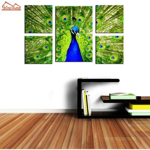 ShineHome-5 Panel Wall Prints Oil Painting Printing on Canvas Walls Peacock Animal Photo for Living Room TV Background Decor