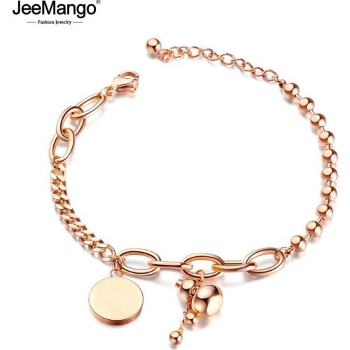 JeeMango Trendy Stainless Steel Gourd & Round Tag Charm Bracelet For Women Bohemia Beach Chain & Link Bracelet Jewelry JB18104