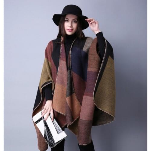 Johnature Women Vintage Poncho Wraps Imitation Wool Cotton Thick Cloak 2021 Autumn Winter New Patchwork Fashion Women Wraps