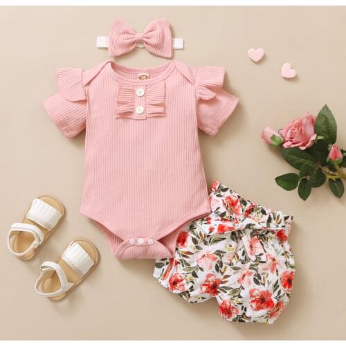 3pcs Newest Summer Toddler Infant Baby Girl Clothes Cotton Casual Outfits Set Bodysuit+ Shorts+Headband Cute Baby Clothes