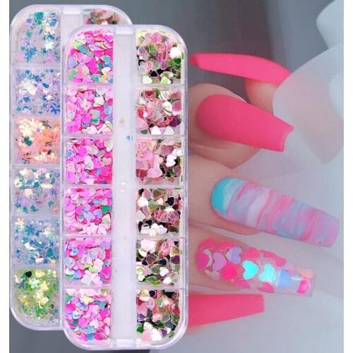 12 Grid Laser Heart Nail Sequins Accessories for DIY Art Decoration Fashion Nail Supplies for Professionals