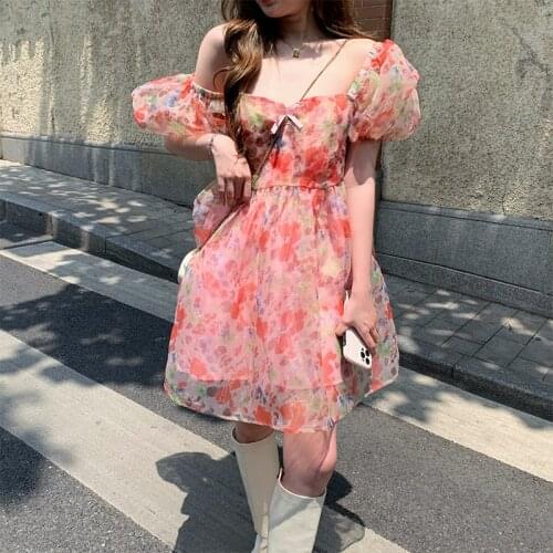 Summer Women French Floral Dress Korean Floral Print Puff Sleeve Mini Chiffon Dress Fashion One Piece Dress For Women Vestido