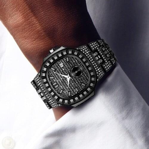 MISSFOX Hip Hop Baguette Diamond Mens Watches Top Brand Luxury AAA Quartz Male Wrist Watch Man Bust Down Jewelry Reloj hombre