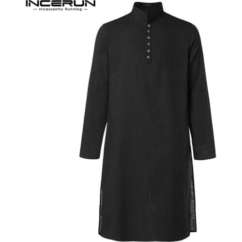 INCERUN Vintage Men Casual Shirt Cotton Long Sleeve Stand Collar Solid Color Long Tops Streetwear Retro Muslim Kaftan Camisas
