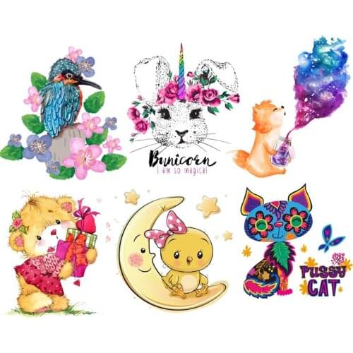 Cute Cat Rabbit Applique DIY Iron-On Transfers For Clothing Stickers Cartoon Animal Thermal Heat Transfer For Kids Clothes Print