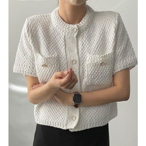 2021 New Arrivals Fashion Korea Style Versatile Single Breasted Short Sleeves Pocket White Knitted Sweater X617