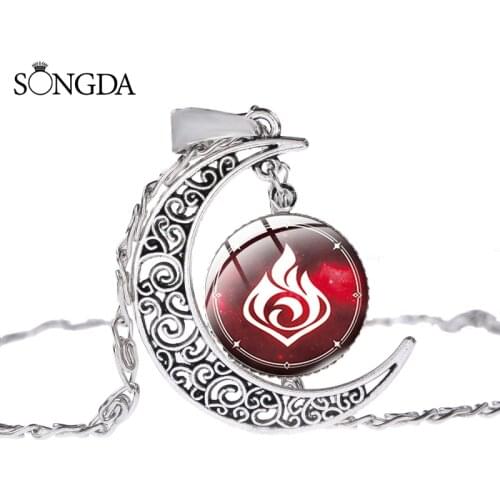 Eye of God Time Gem Pendant Necklace Genshin Impact 7 Elements Game Glass Cabochon Moon Shape Necklace Cosplay Jewelry for Fans