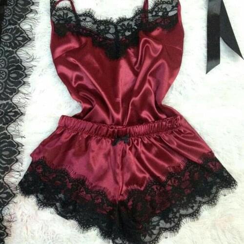 2PC/lot Plus Size Women Sexy Pyjamas Female Silk Satin Sleeveless Lace Sleepwear Ladies Lingerie Nightdress Hot Sale