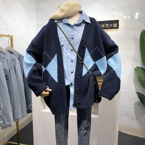 Casual V-Neck Loose Cardigans for Women School Style Student Plaid Knitting Jacket Ladies Chic Knitted Cardigan Autumn Winter