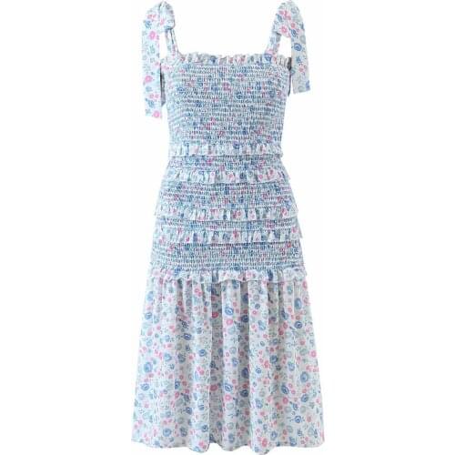Flower Birthday Dress For Women Summer New 2021 Casual Belt Stitching Elastic Wood Ear Edge Spaghetti Strap Dress Wholesale