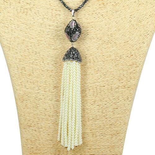 Crystal Pearl Beads Tassel Pendants Long Necklace Crystal Beaded Chain Rhinestone Gem Stone Cap Charm Maxi Necklace Female Gift