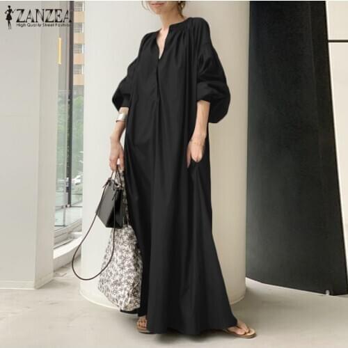 Autumn Sundress ZANZEA Fashion Women Lantern Sleeve Maxi Long Dress Oversized Dresses Spring V Neck Solid Loose Party Vestidos