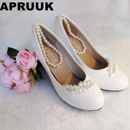 Pearls wedding pumps shoes woman ankle beading bracelet straps fashion ladies female party dress shoes brides shoes