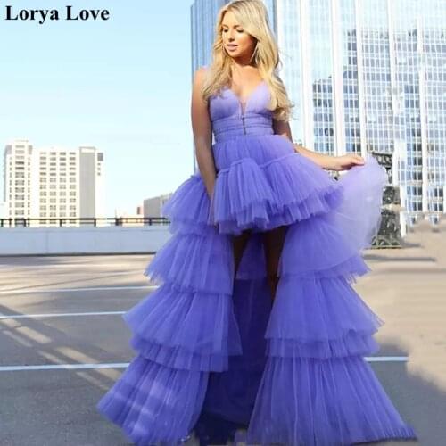 Light Purpl Prom Dress 2021 Short Front Long Back Women Formal Party Night Vestidos De Noite Elegant Tiered Tulle Evening Gowns