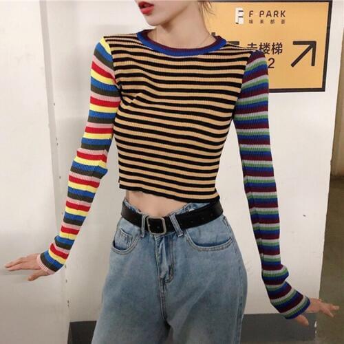 2019 Fashion Sexy Short Slim Fit Contrast Color Sweaters Stripes Exposure Navel Solid Color Long Sleeve Knit Top Sweaters