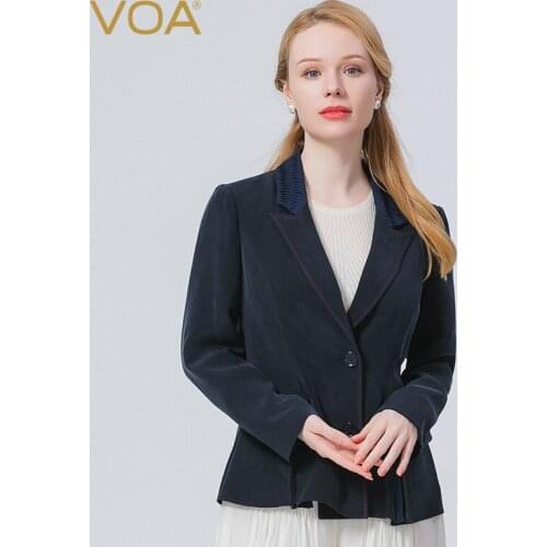 VOA Autumn New Silk 30mm Heavy Navy Cropped Jacket Blue Old Two Button Solid Woman Jacket Fold Long Sleeve Blazer Female WE121