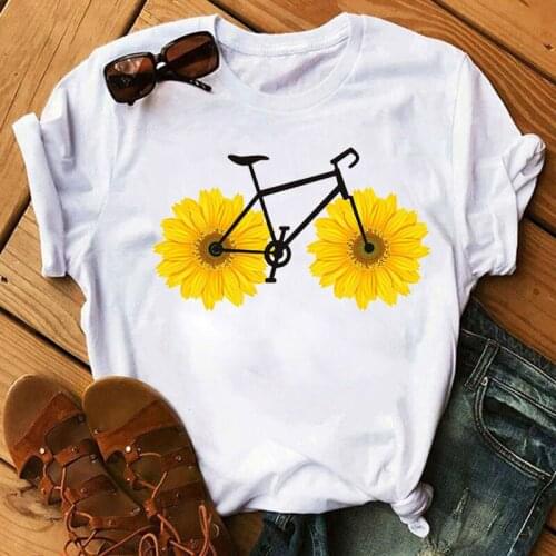 Funny Women T Shirt Sunflower Bicycle Printed T Shirt Fashion Women Summer Casual Tops T-shirt Female Cute Graphic Tee Shirts