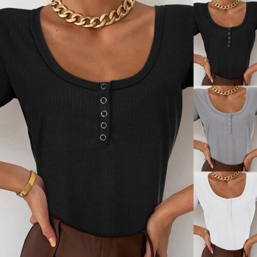 Women Basic Sexy Low Cut Button Down Tight Slim Fitted Tee Tops Tee Shirts Summer Fashion Female Slim Sports Blouse Crop Tops