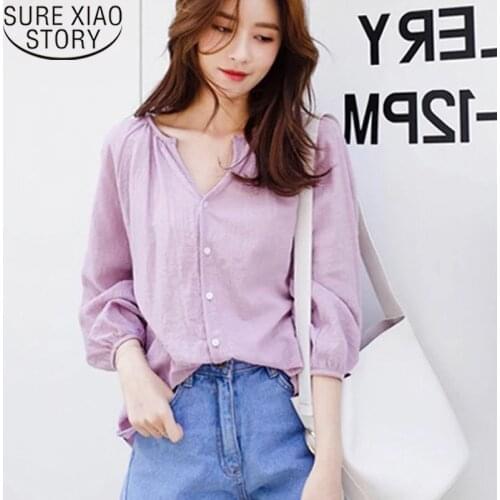 Blusas Mujer De Moda 2021 Korean Fashion Clothing Long Sleeve ButtonV-neck Solid Womens Tops Loose Shirts Blouses Pink 7309 50