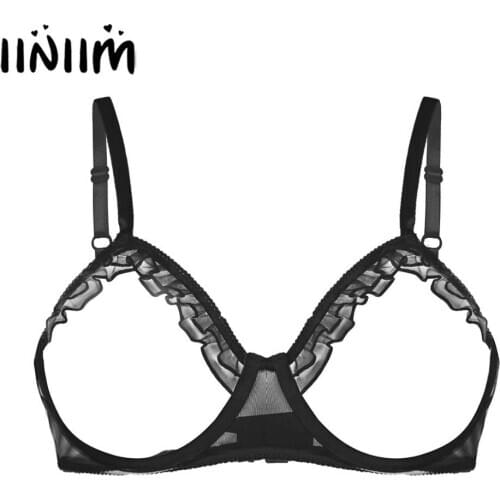 Womens Erotic Sissy Crop Tops See Through Mesh Lingerie Open Cup Spaghetti Straps Bare Breathable Ruffles Underwired Bra Top
