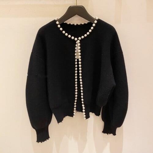 High end 50% wool port style round neck pearl trimmed Dawang family sweater womens wool coat sweater cardigan
