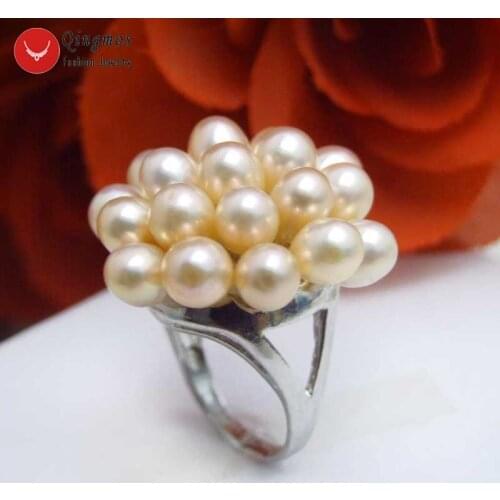 Qingmos Fashion Pink Pearl Ring for Women with Black Rice Natural Pearl 25mm Flower Ring #8-9 Fine Jewelry Gift Bague Anel rin27
