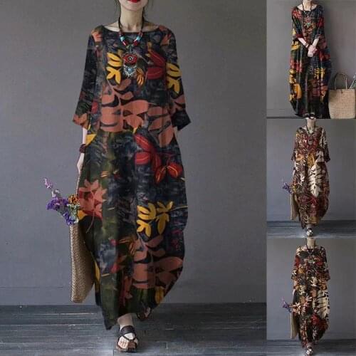 2021 Spring And Autumn New Round Collar Skirt Ethnic Wind Loose Seven Minute Sleeve Long Dress Women