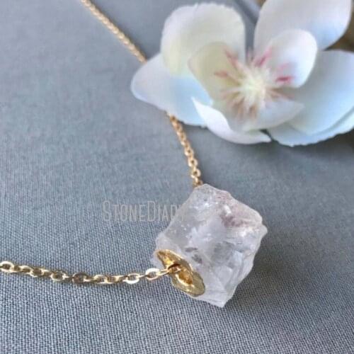 NM11603 Clear Crystal Cube Gold Necklace Square Raw Quartz Agate Long Gold Layering Minimalist White Agate Necklace Gift
