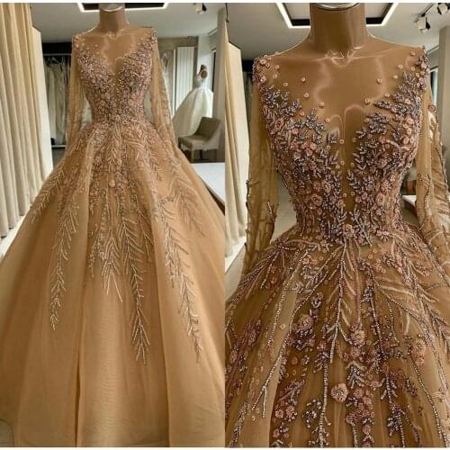 Gold Evening Dresses Embroidery Beaded Floor Length Long Sleeve Prom Dress Lace Formal Party Gowns Real Image